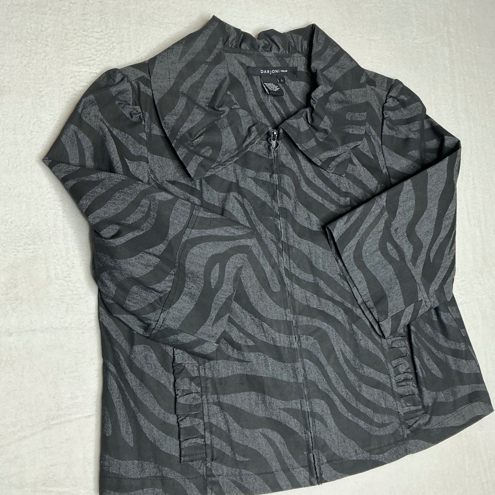Darjoni Casual Womens Black Gray Zebra Print Zip Up Collared Jacket Size L